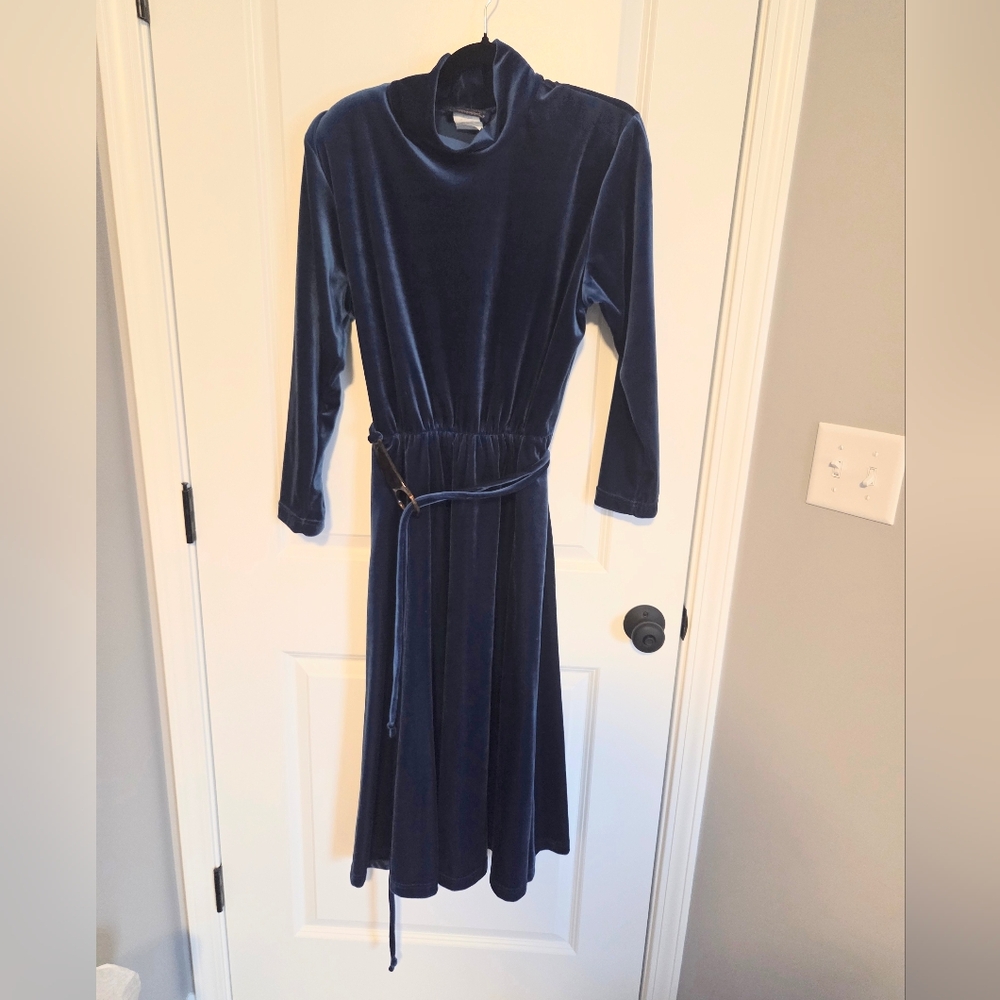 Vintage Willow Ridge Blue Velvet Turtleneck Dress with Pockets